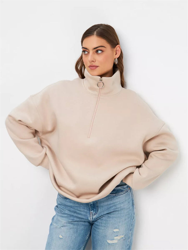 Dame Oversized Sweatshirt med Høj Krave og Lynlås Skovae