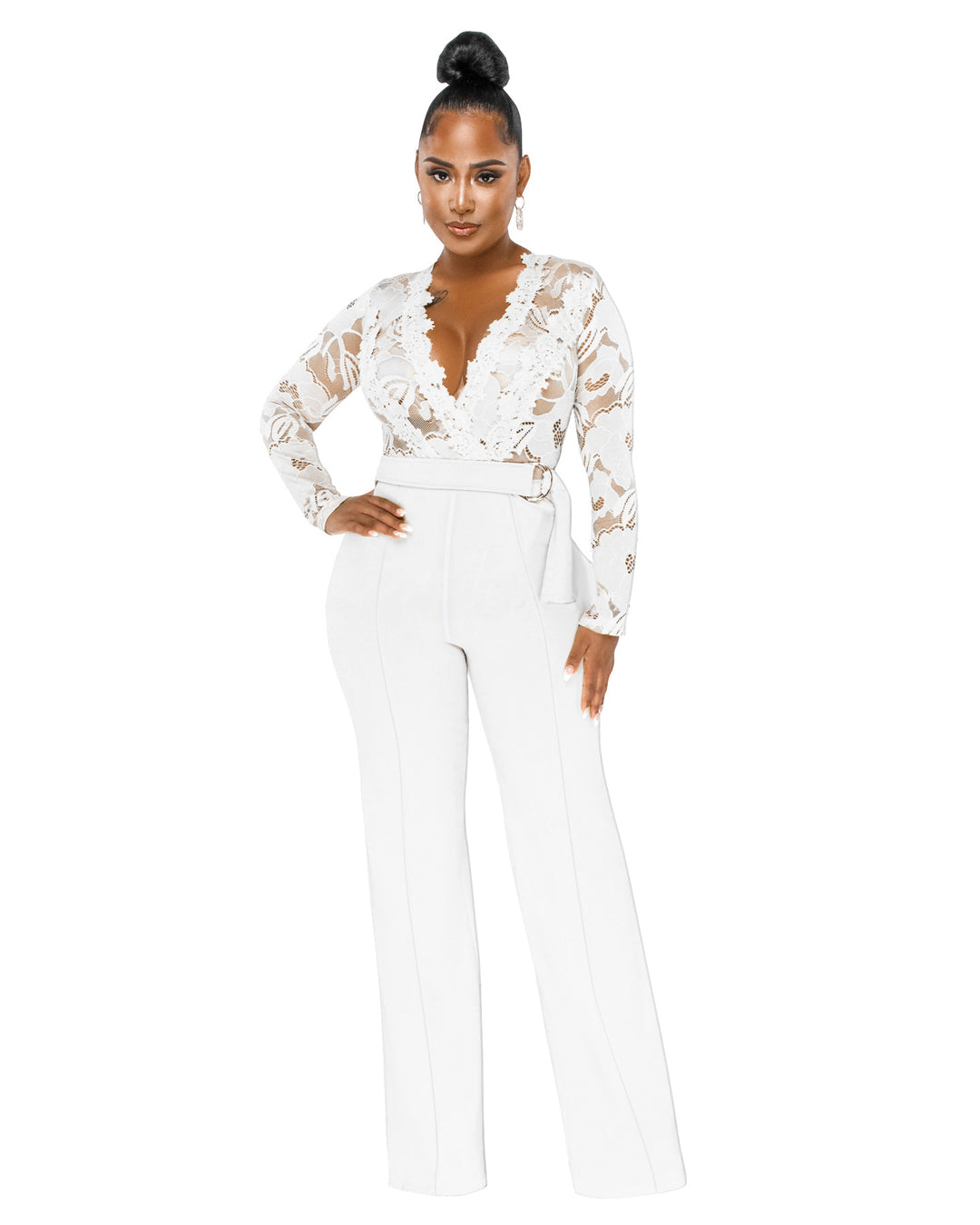 Dame Elegant Jumpsuit med dyb V-udskæring og spidsedetaljer Stilla