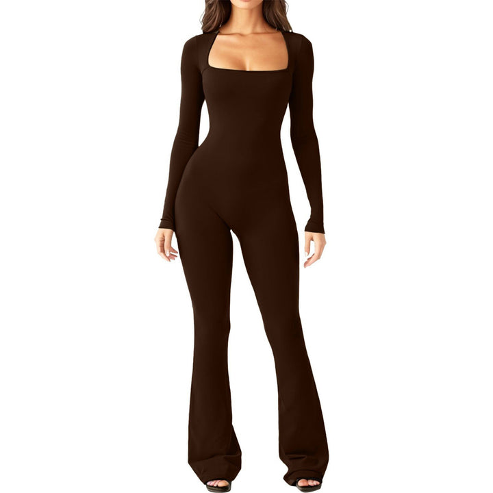 Dame moderne langærmet jumpsuit med dyb udskæring og udvidet ben Stilla