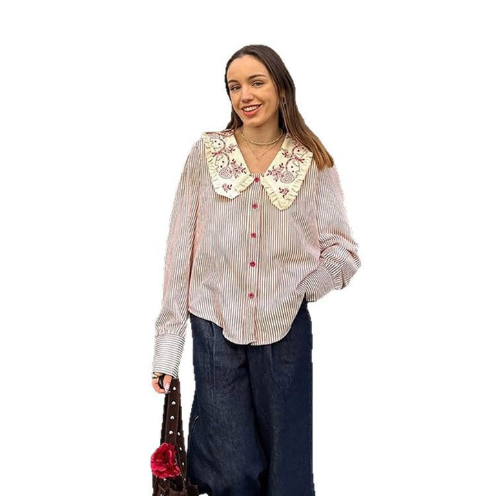 Dame skjorte med blomstrede krave og stribet design Stilla