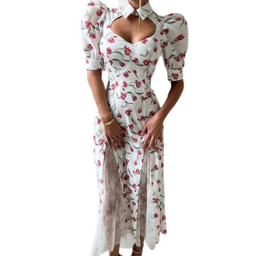 Dame Maxikjole med flæsedetaljer og blomsterdesign Stilla