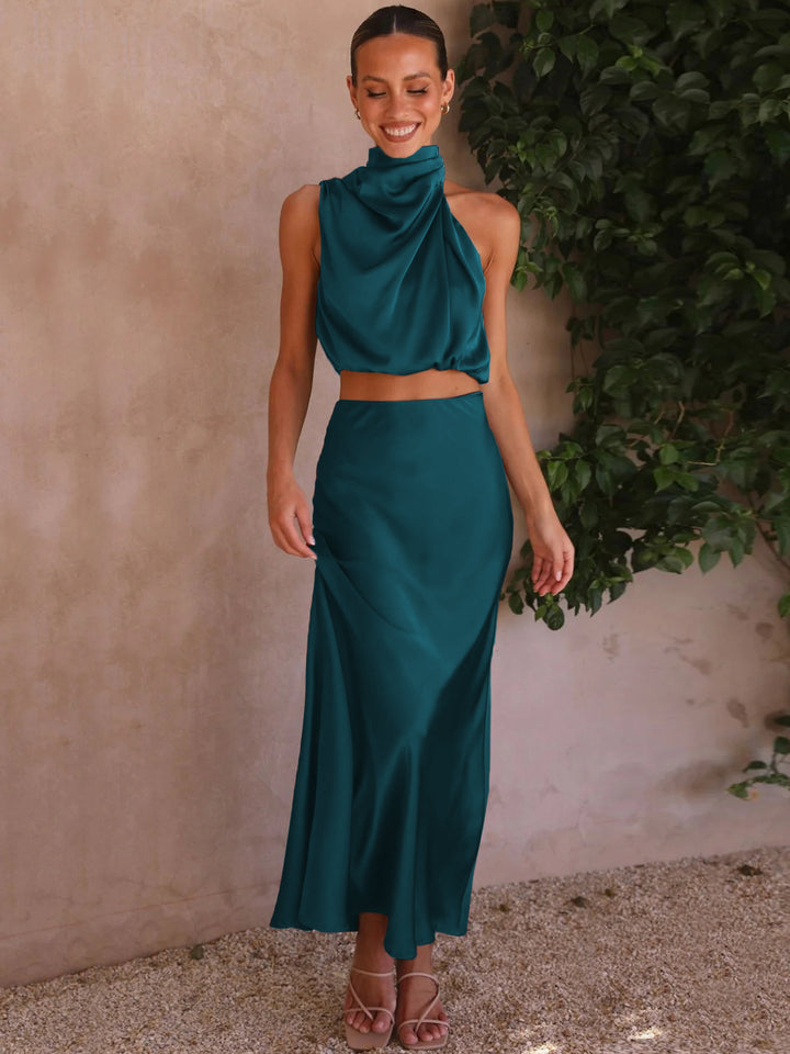Dame Elegant Satin-Midi-Kjole med høj krave og figursyet snit Stilla
