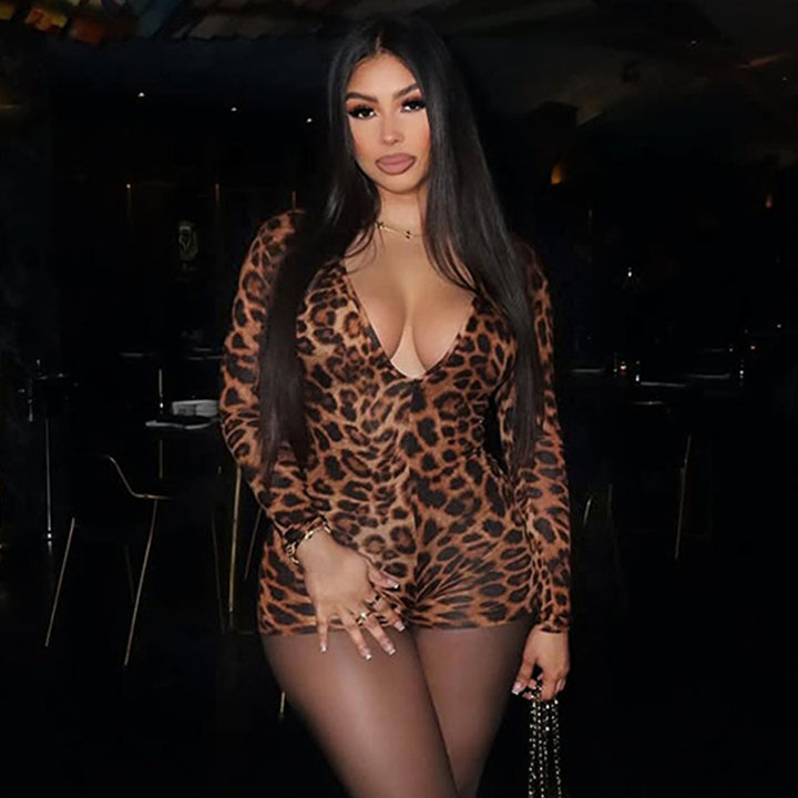 Dame stilfuld leopardmønster bodysuit med V-udskæring og lange ærmer Skovae