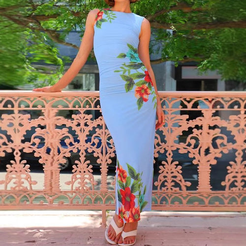 Dame maxi kjoler med blomsterprint og figursyet snit