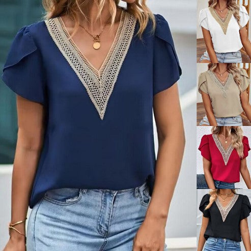 Dame elegant V-hals bluse med spidsudsmykninger Stilla