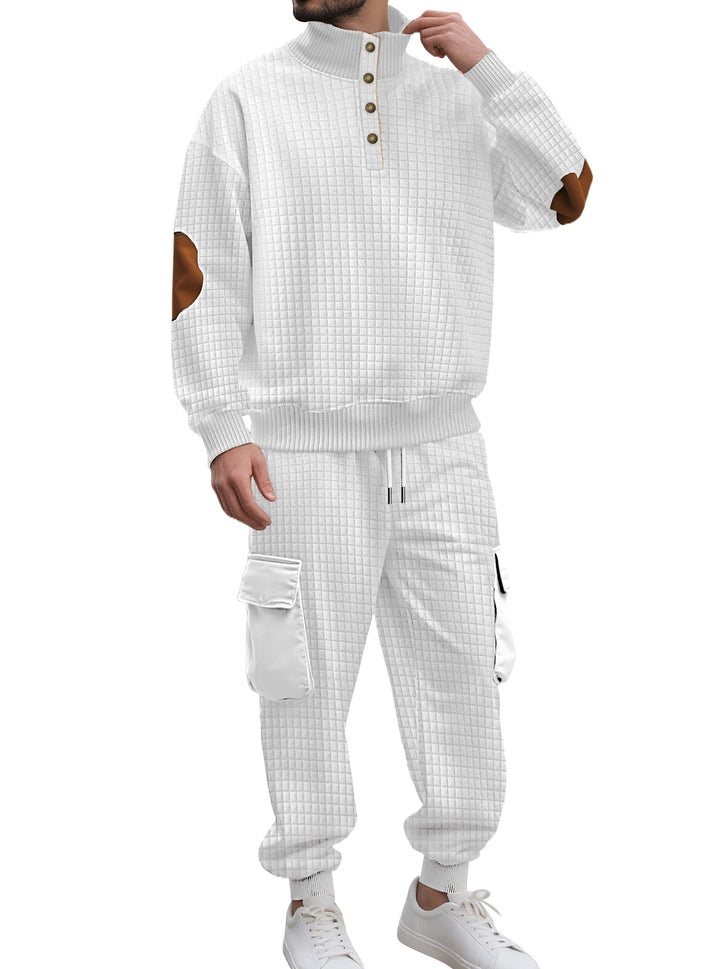 Herren nan Karo-relief-sweatset med ståkrave-knapliste, velour-ellbogenlapper og cargo-jogger Skovae