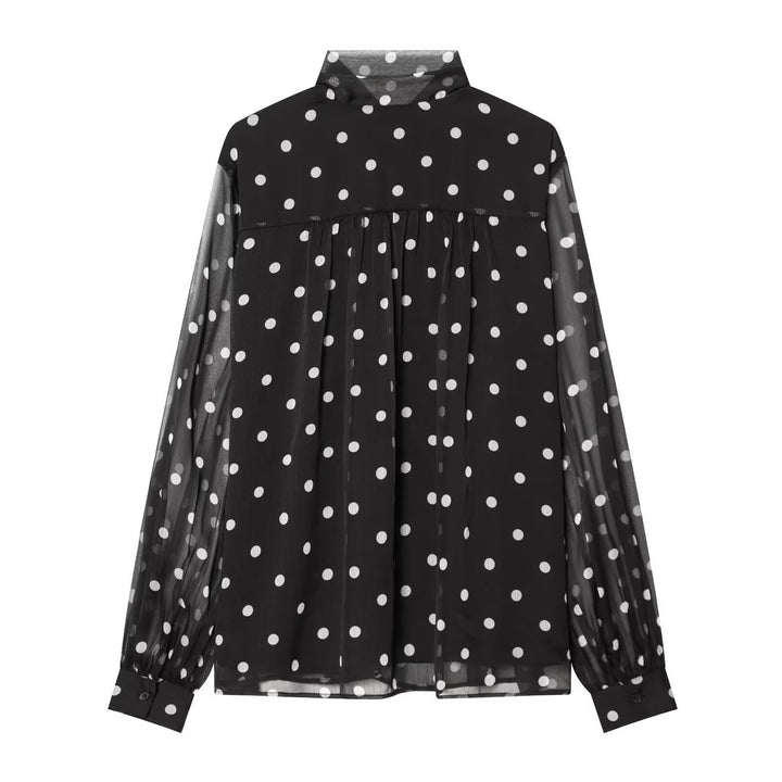 Dame transparent bluse med sløjfe krave i polka-dot design Skovae
