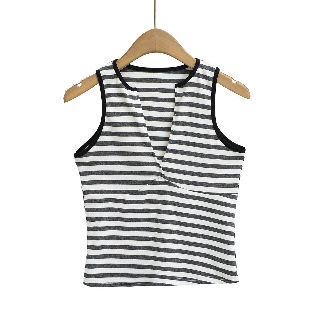 Dame sportsligt crop-top med dyb V-udskæring og stribedesign Stilla
