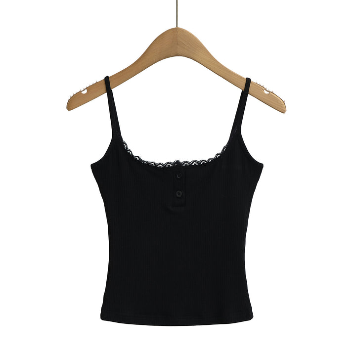 Dame spaghetti strop t-shirt med dekorativt blonder og knapdetaljer Stilla