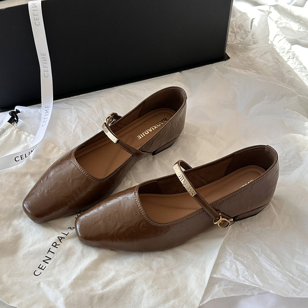 Femme Elegante Kvadrat-Spids Mary Jane Ballerinas med Stilfuld Ankelsnor Stilla