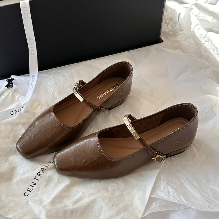 Femme Elegante Kvadrat-Spids Mary Jane Ballerinas med Stilfuld Ankelsnor Stilla