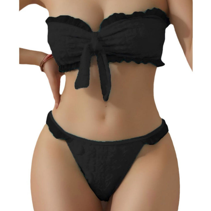 Dame Bandeau-bikini med fashionable ruffle detaljer og justerbar knude-design Skovae