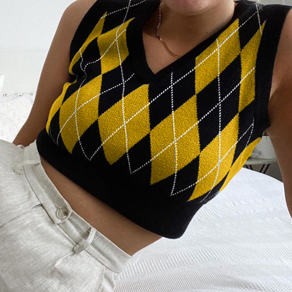 Dame cropped striktop med moderne rhombemønster Skovae