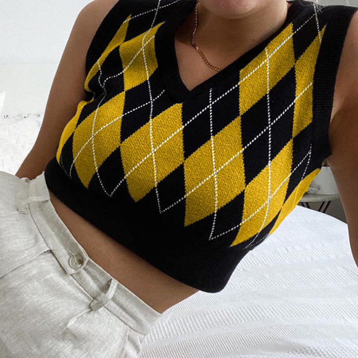 Dame cropped striktop med moderne rhombemønster Skovae