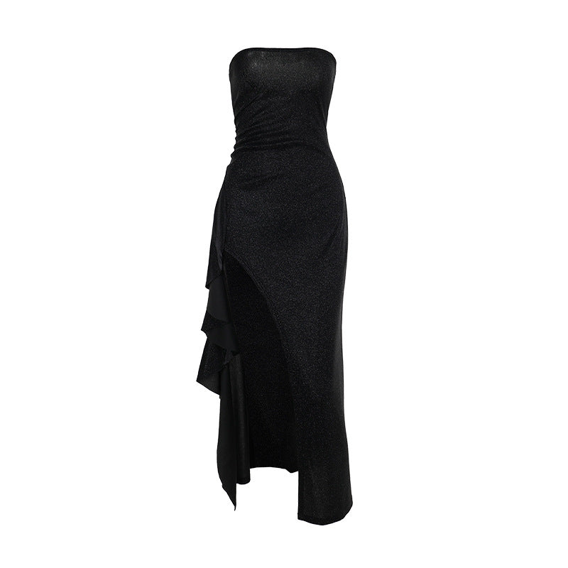 Dame elegant off-shoulder aften kjole med asymmetrisk flæse Skovae