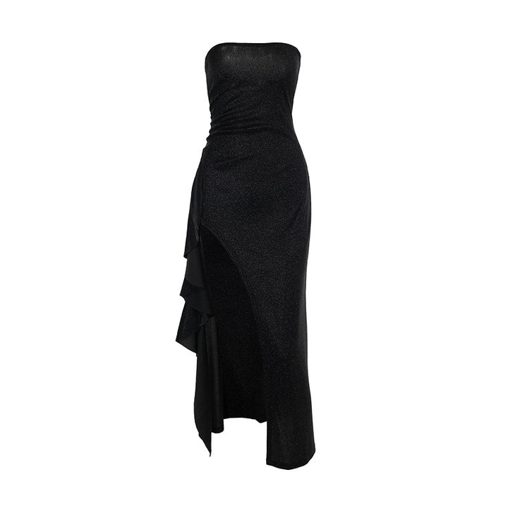 Dame elegant off-shoulder aften kjole med asymmetrisk flæse Skovae