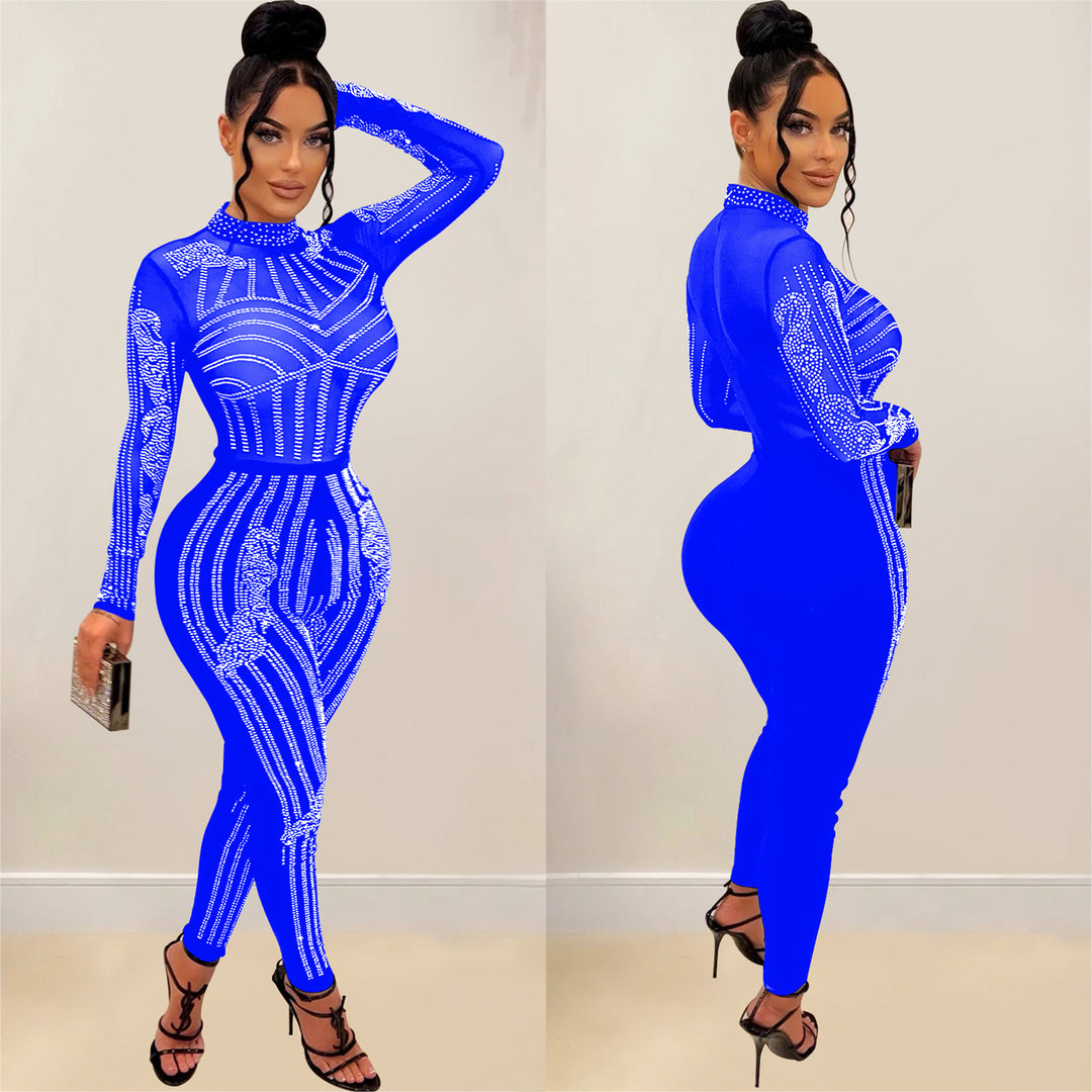 Dame figursyet bodysuit med transparent mesh og glitrende strassdekorationer Stilla