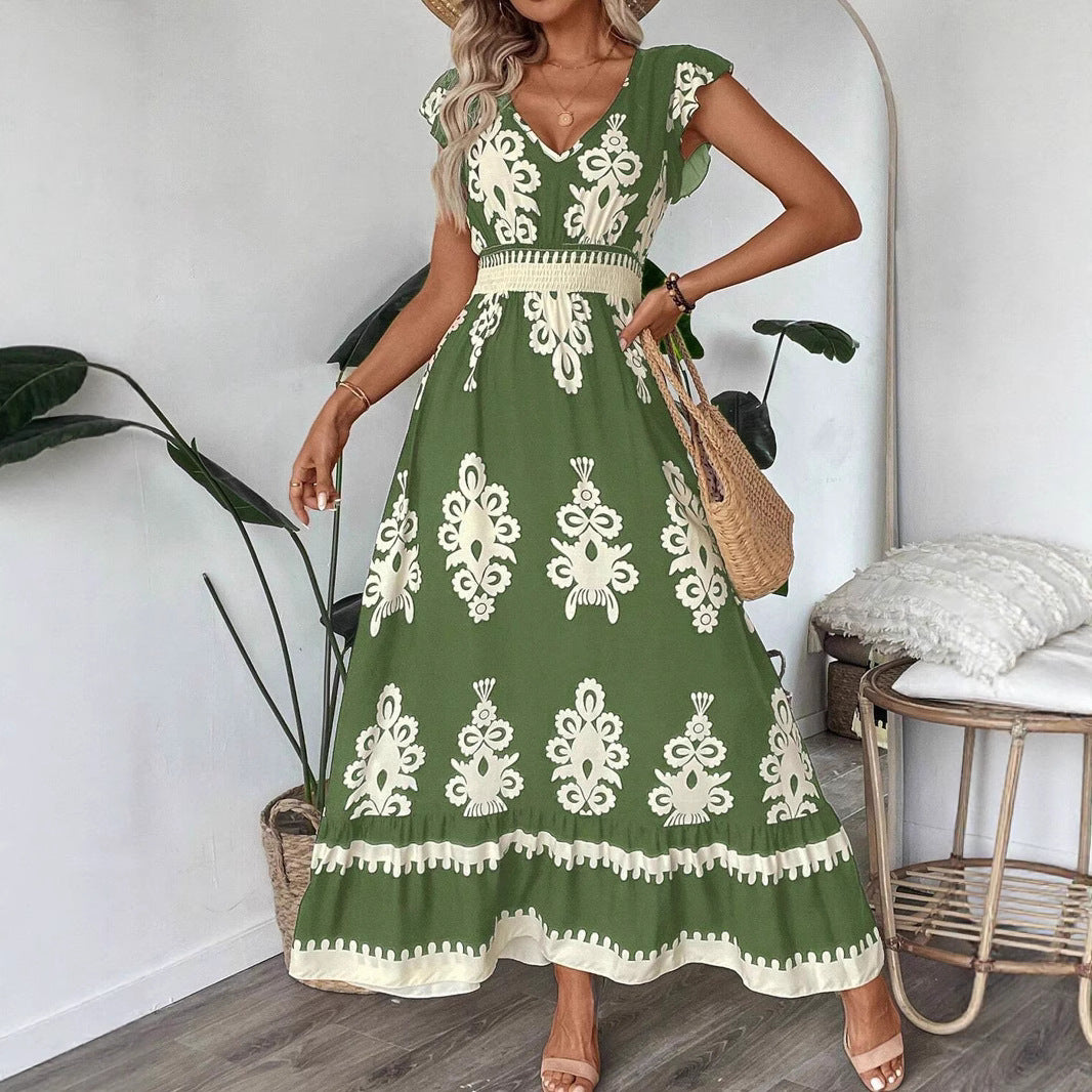 Kvinder Bohemian Blomster Maxi Kjole med Smock-talje Stilla