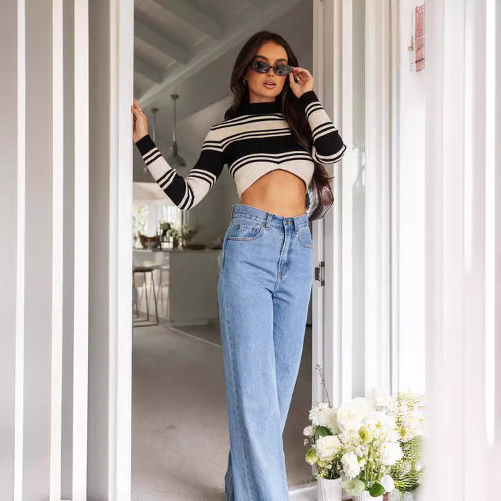 Dame Wide Cut Jeans med Høj Talje og Frynset Kant Stilla