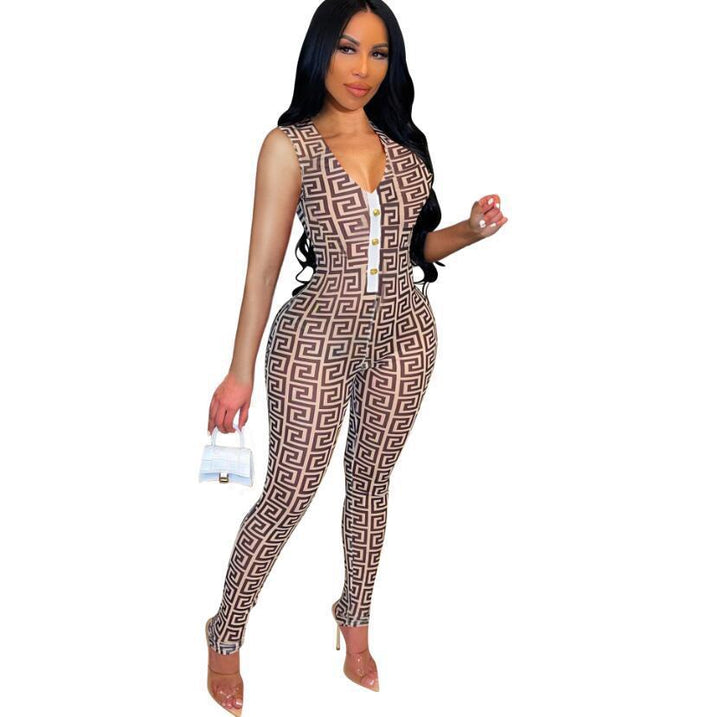 Dame trendy jumpsuit med geometrisk mønster og knaplukning Stilla