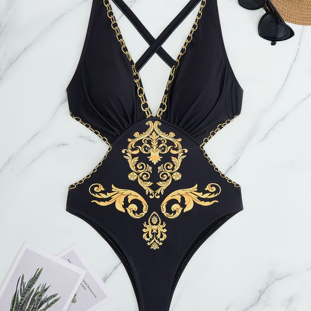 Dame én-delt badesuit med elegant mønster og skimrende detaljer Skovae