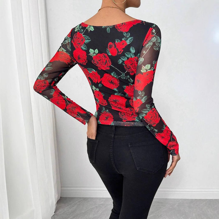 Dame nan figurnær Stretchshirt med kvadratiskudskæring, fin meshstruktur og stort rosenprint Skovae