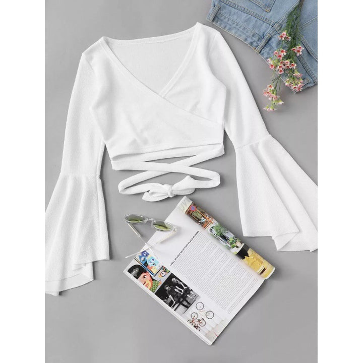 Dame Flared Ærme Cropped Wrap Top Stilla