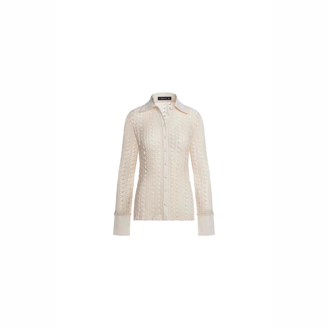 Dame Elegant Hæklet Bluse med klassisk Krave og gennemsigtigt Design Stilla