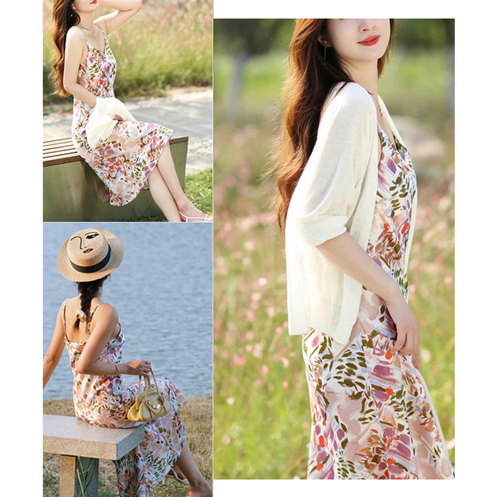 Dame Spaghettistrap Bluse med blomsterprint og fin satinfinish Stilla