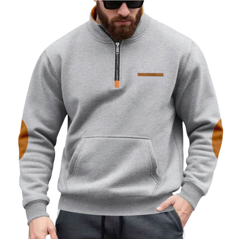 Herre nan halvzip-sweatpullover med ståkrave, kængurulomme og albuepåsætning Skovae