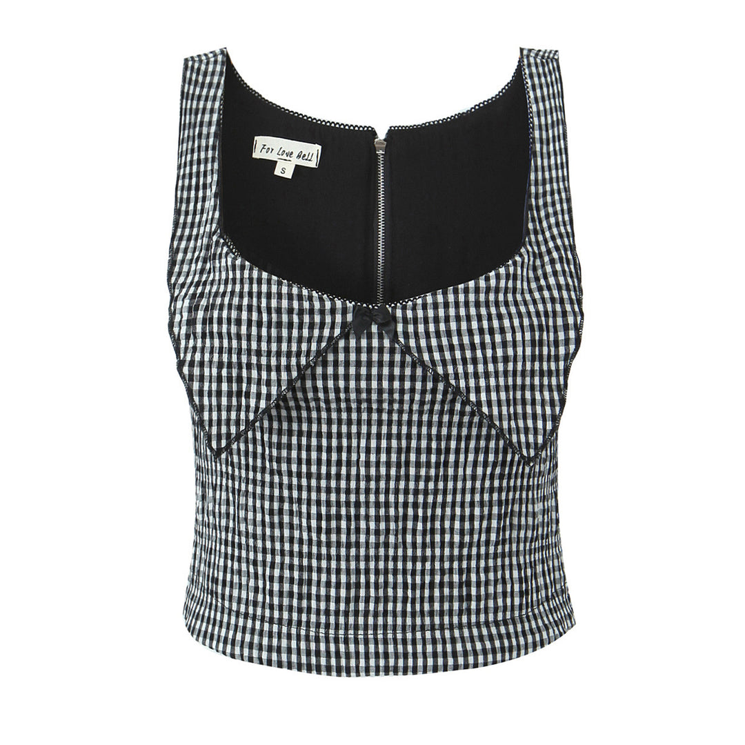 Dame Cropped Gingham Print Top med dekorativt sløjfedetalje Stilla