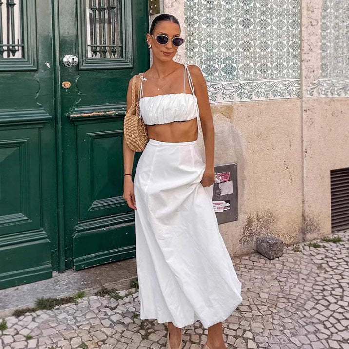 Dame to-delt sæt med raffineret top og maxilængde skørtparti Stilla