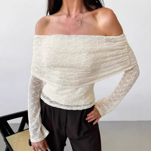 Dame Off-Shoulder Top med raffinerede ruffle detaljer og langærmede indsatser Stilla