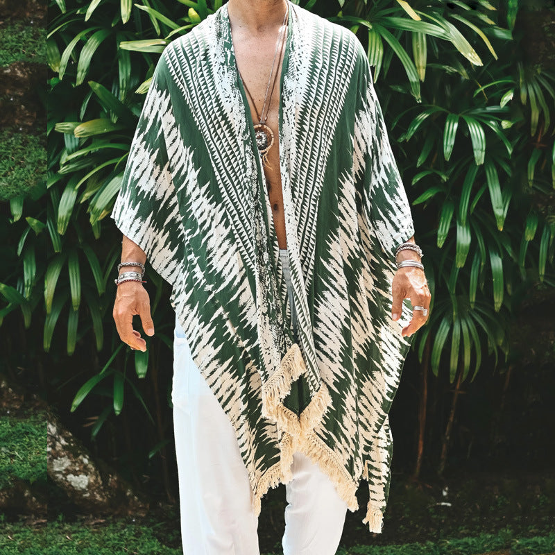 Herren nan let strandeponcho i kimono-stil med frynser Skovae