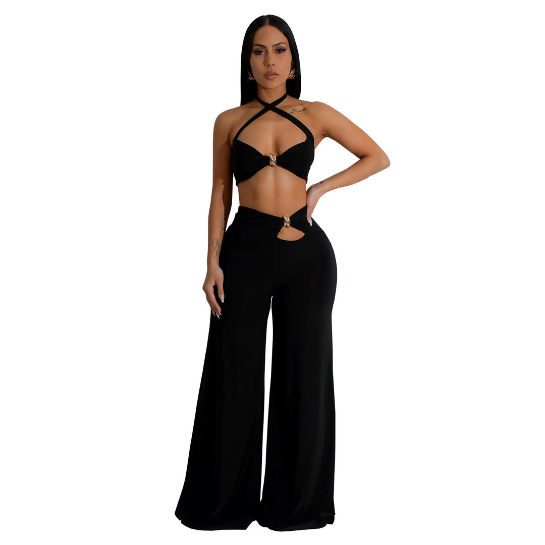 Dame Sexy Cut-Out To-delt Sæt med Cropped Top og Bredbukser Stilla