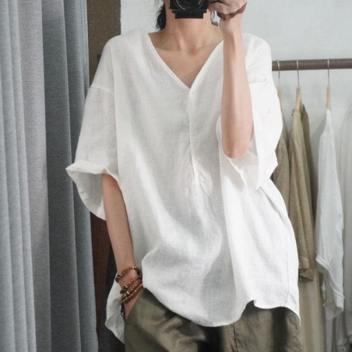 Kvinders oversized linned T-shirt med V-hals og casual fit Stilla