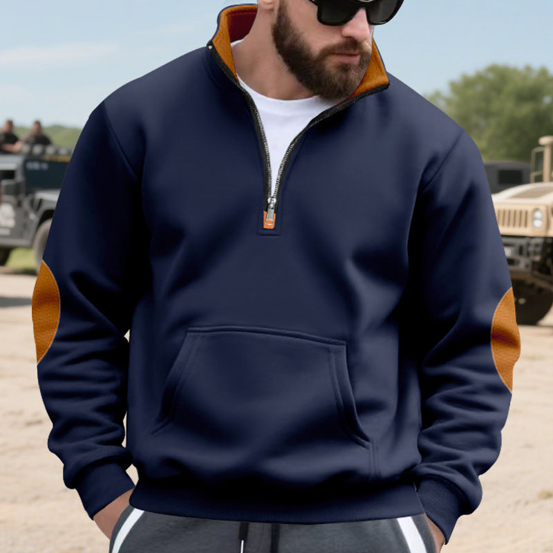 Herren nan isoleret halvzip-pullover med ståkrave fleece-foring kængurulomme og suede albue-patches Skovae