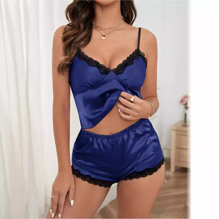 Dame Satin pyjamasæt med blonder Skovae