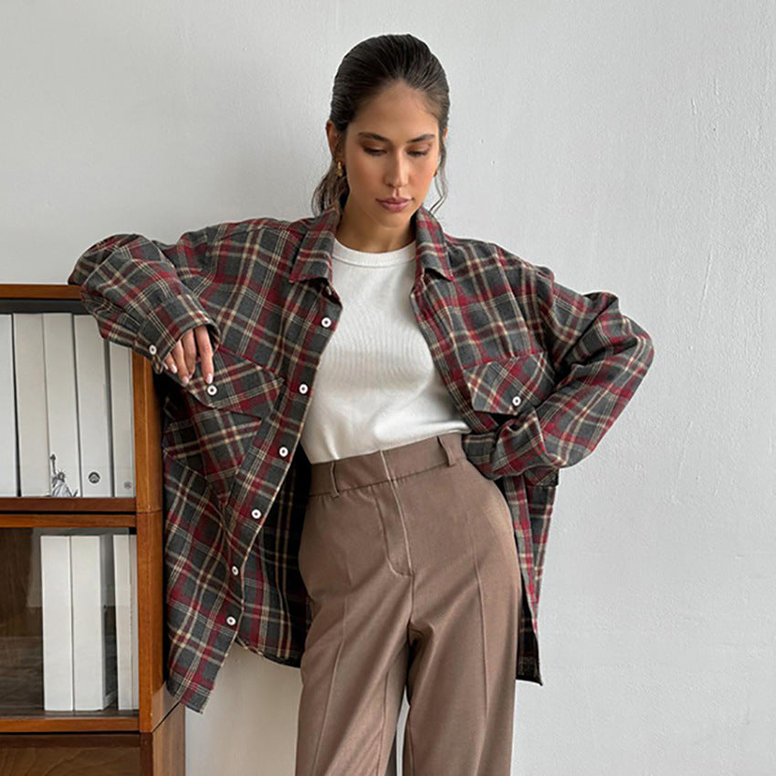 Dame Tjekkede Flannel Skjortejakke med to lommer Stilla