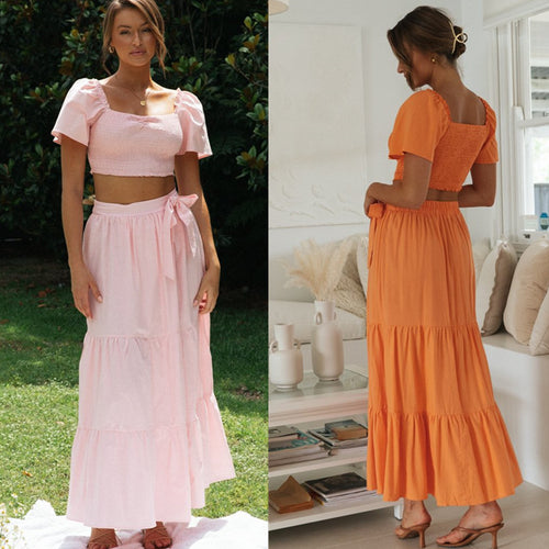 Kvinders Maxi Nederdel og Puffærmet Crop Top Sæt Stilla