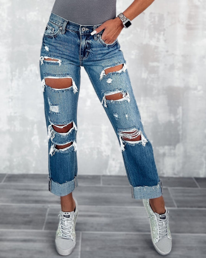 Dame Ripped Boyfriend Jeans i den trendy vintage-look med vidde ben Stilla