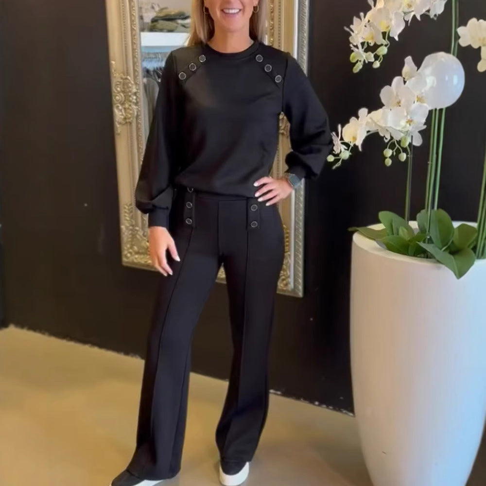 Dame nan sporty-elegante Jersey-sæt med øsenudsmykning, højtskaftet buks i Marlene-snit Skovae