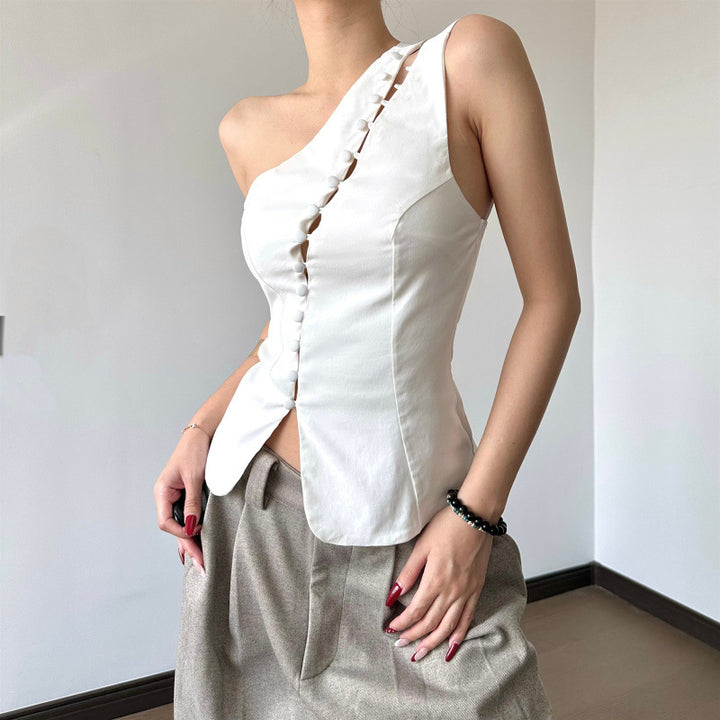Damer asymmetrisk bluse skjorte med knapdetaljer Skovae