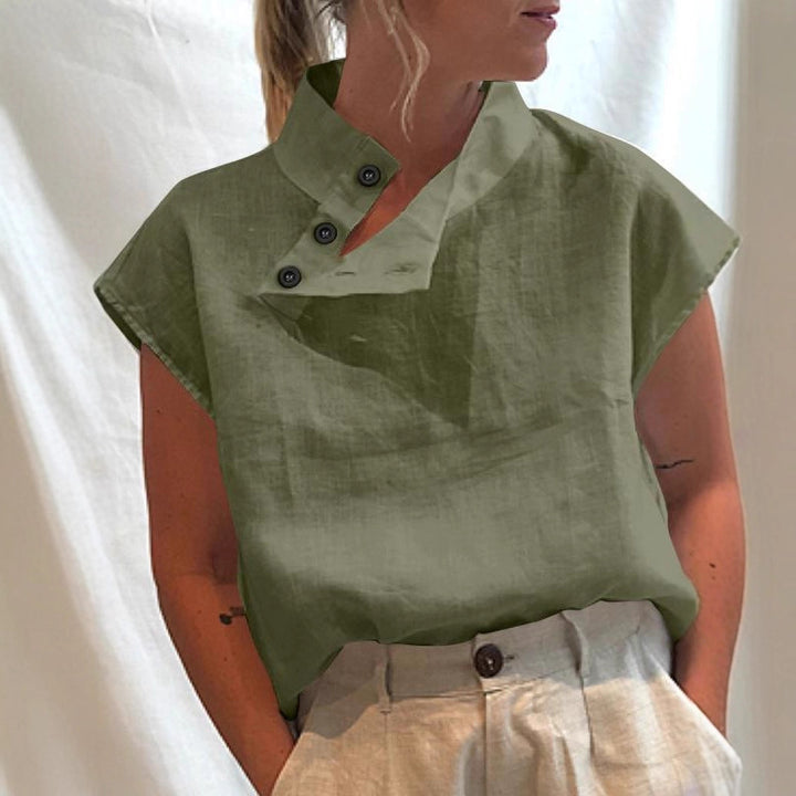 Dame moderne bluse med høj krave og elegante knapdetaljer Skovae