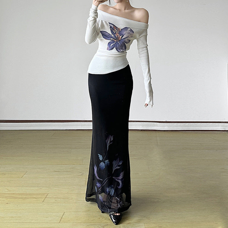 Damen Eleganter Maxirock mit floralen Akzenten und transparentem Unterstoff Skovae