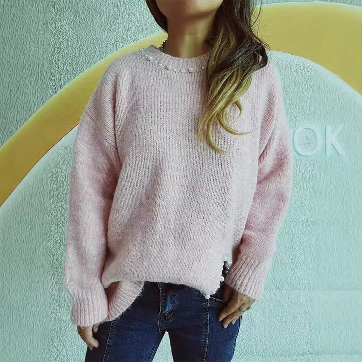 Dame hyggesweater med delikat perledekorering Stilla