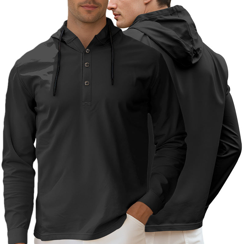 Herrer nan Hætte-Henley Langærmet t-shirt i let stræk jersey med snøre Skovae