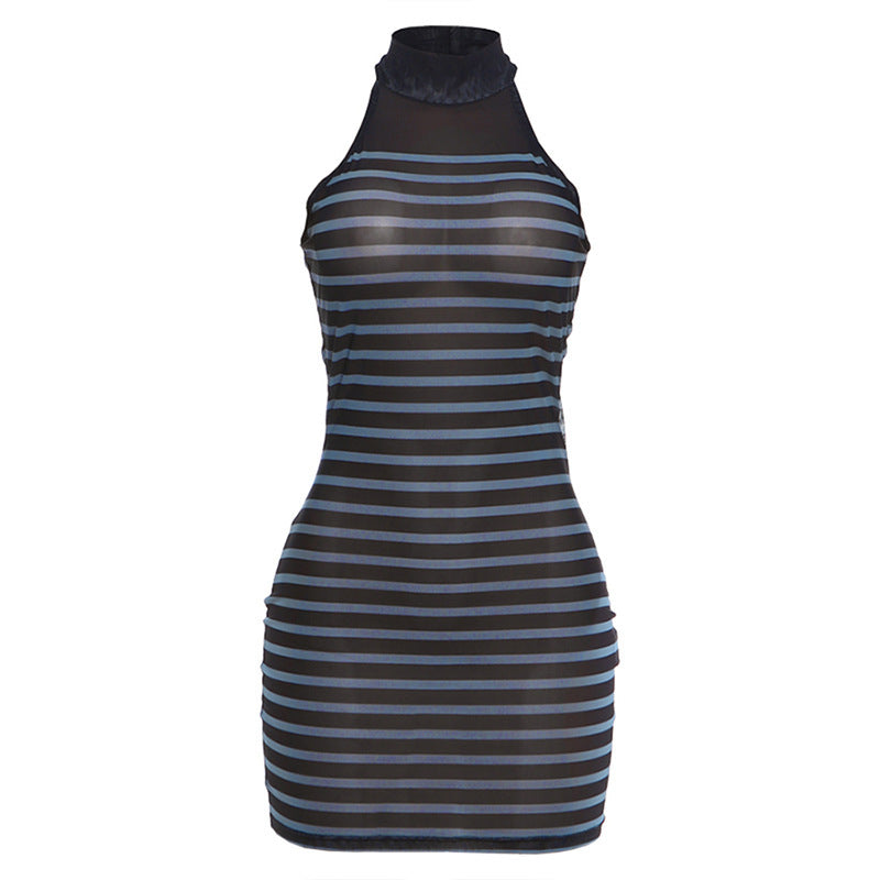 Damen figurbetontes Kleid mit transparenten Streifen und hochgeschlossenem Kragen Skovae