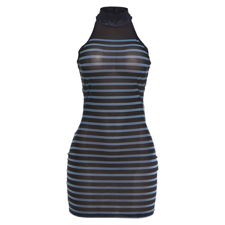 Damen figurbetontes Kleid mit transparenten Streifen und hochgeschlossenem Kragen Skovae