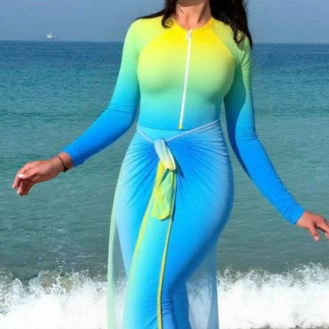 Dame sporty langærmet svømmedragt med lynlås og indpakningslook Skovae